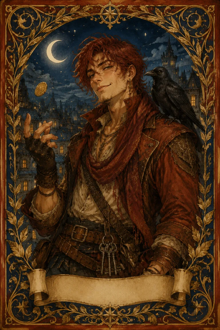 The Bandit tarot card — a grinning rogue flipping a gold coin under a crescent moon, a raven on their shoulder