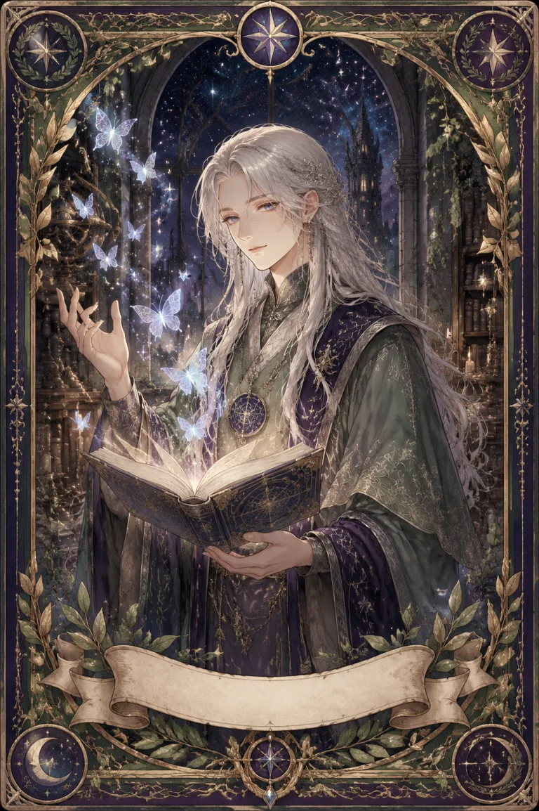 The Mage tarot card — a silver-haired mage with a floating glowing grimoire and luminous butterflies