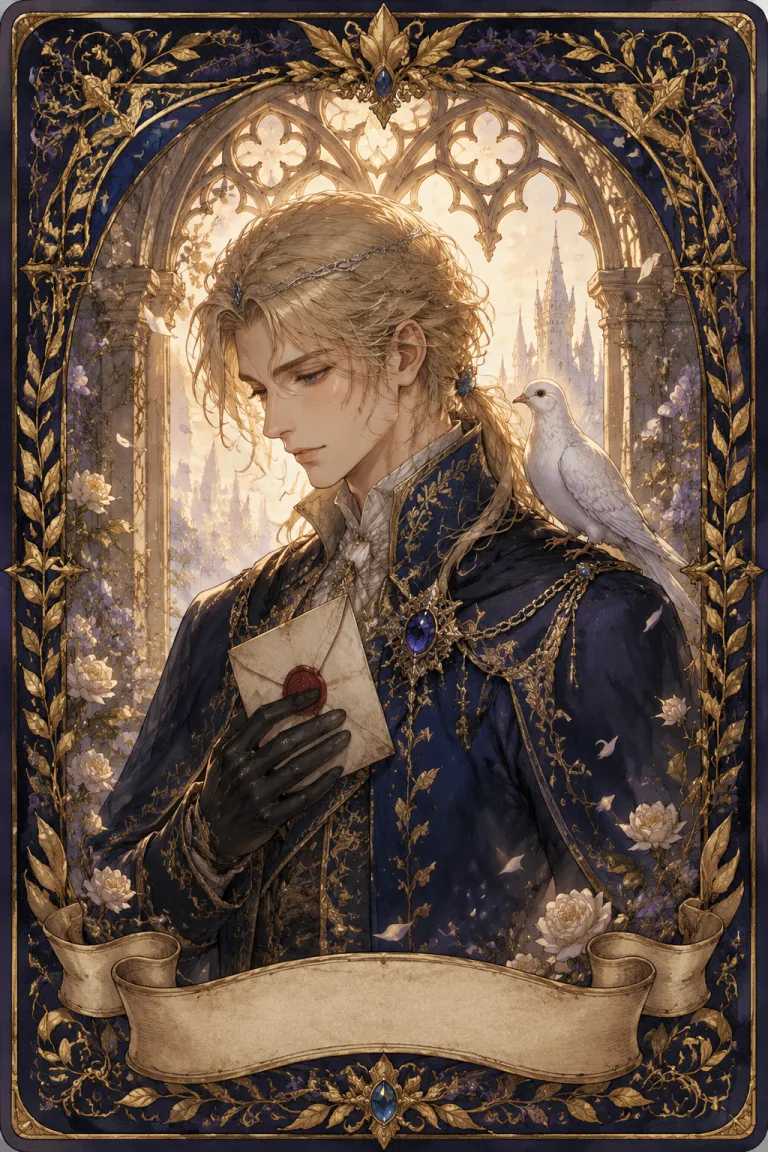 The Prince tarot card — a prince in navy and gold holding a sealed letter, a white dove on his shoulder