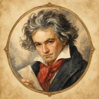 Watercolor cameo portrait of Ludwig van Beethoven holding a folded letter