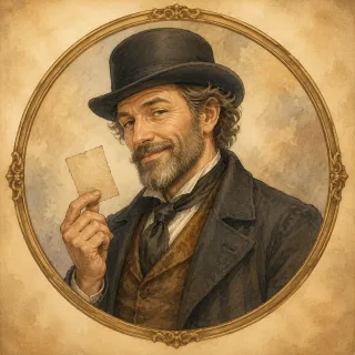 Watercolor cameo portrait of Black Bart, the gentleman stagecoach outlaw, holding a poem note