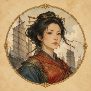 Watercolor cameo portrait of Ching Shih, the Chinese pirate queen, with a red command sash