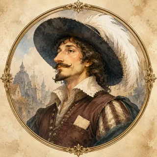 Watercolor cameo portrait of Cyrano de Bergerac with plumed hat and white panache