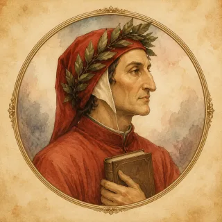 Watercolor cameo portrait of Dante Alighieri in his red cap and laurel wreath