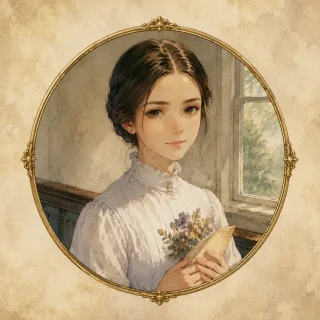 Watercolor cameo portrait of Emily Dickinson in a high-collared white dress with pressed flowers