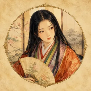 Watercolor cameo portrait of Sei Shōnagon in layered Heian court robes with a paper fan