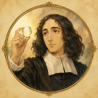 Watercolor cameo portrait of Baruch Spinoza holding a glass lens to the light