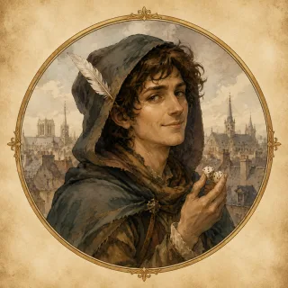 Watercolor cameo portrait of François Villon, the outlaw poet, in a hooded cloak